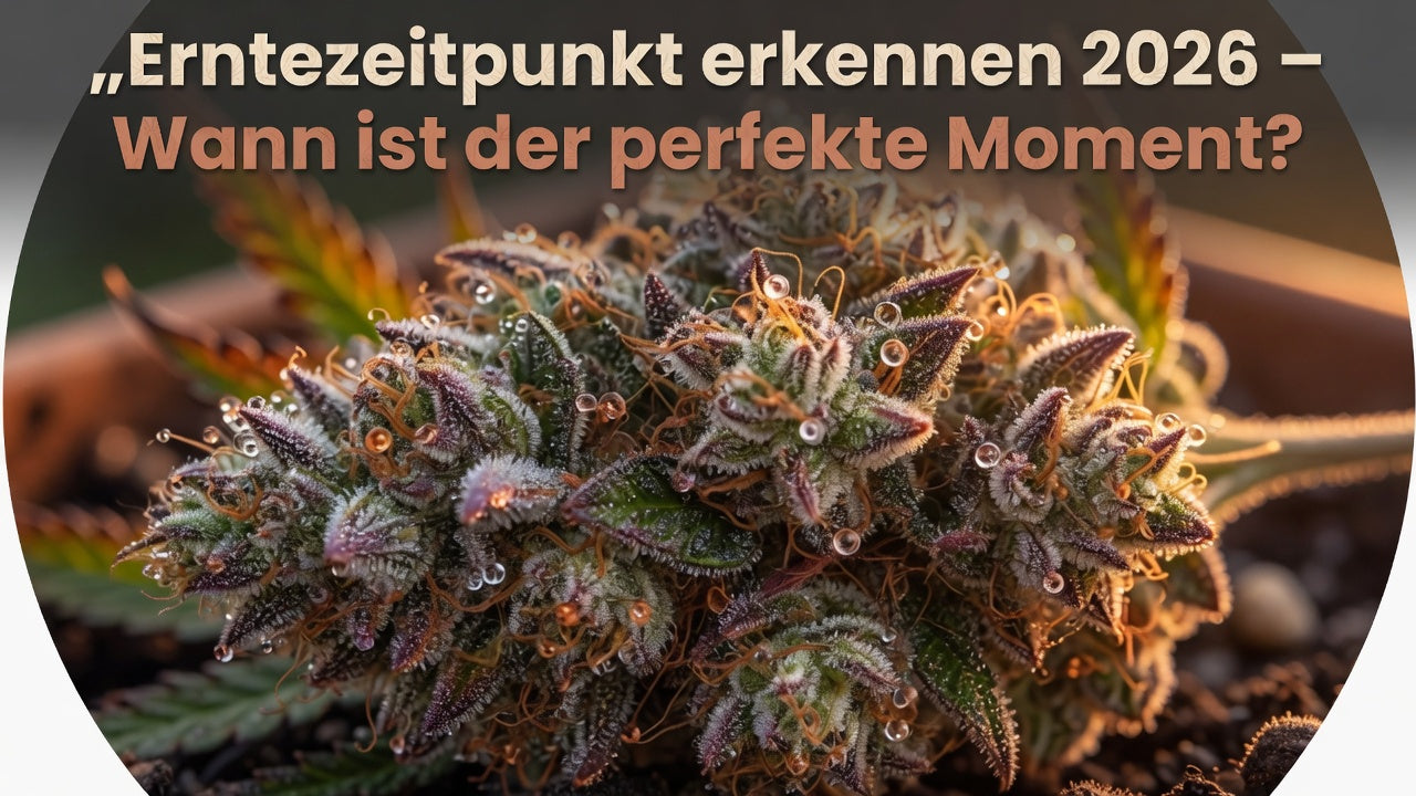Reife Cannaphilie-Bud mit milchig-weißen und bernsteinfarbenen Trichomen bei perfektem Erntezeitpunkt – So erkennst du den idealen Moment für deine Ernte 2026