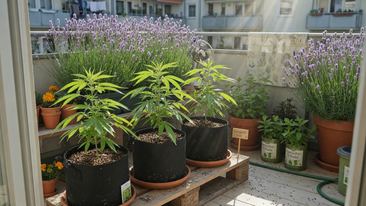 Geruchsvermeidung beim Grow: Gesunde Cannaphilie-Stecklinge auf dem Balkon mit Lavendel als natürlichem Geruchsschutz 2026