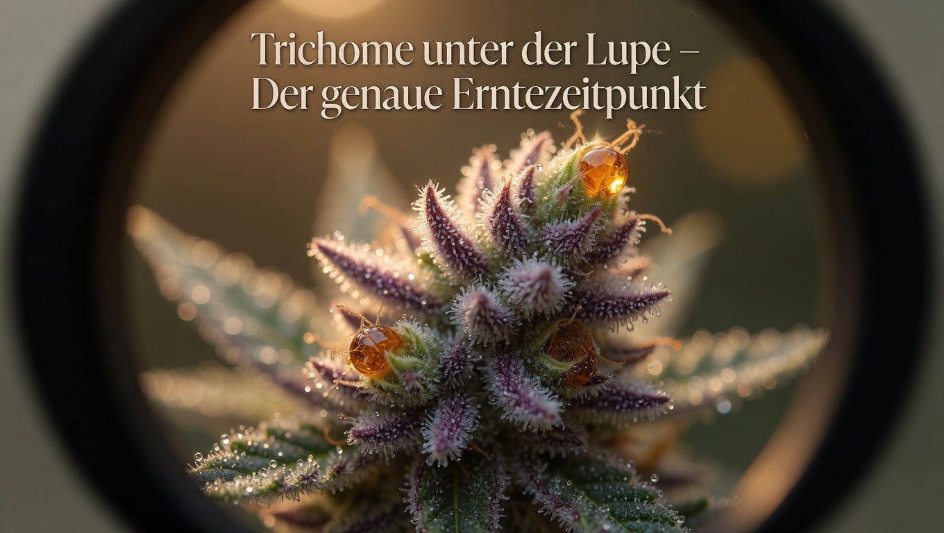 Cannabis Blüte unter der Lupe mit genauer darstellung von Trichomen