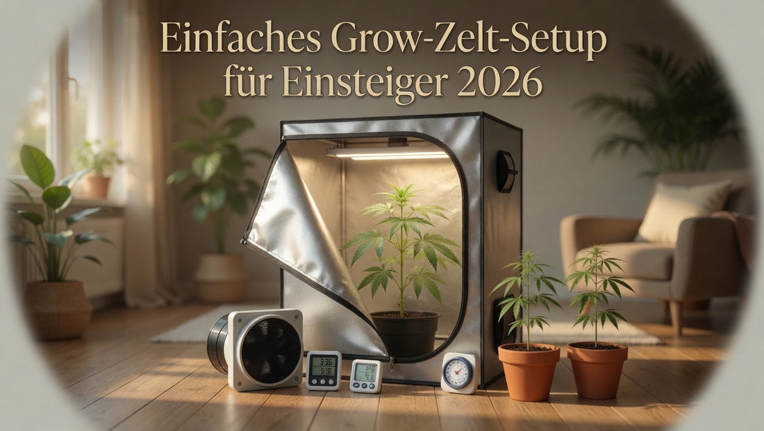 Einfaches Grow-Zelt-Setup für Einsteiger 2026: Aufgebautes Grow-Zelt mit vitaler junger Cannaphilie-Pflanze unter Full-Spectrum-LED, Abluftventilator mit Aktivkohlefilter, Hygrometer und Timer – Perfekter Einstieg in den Indoor-Grow