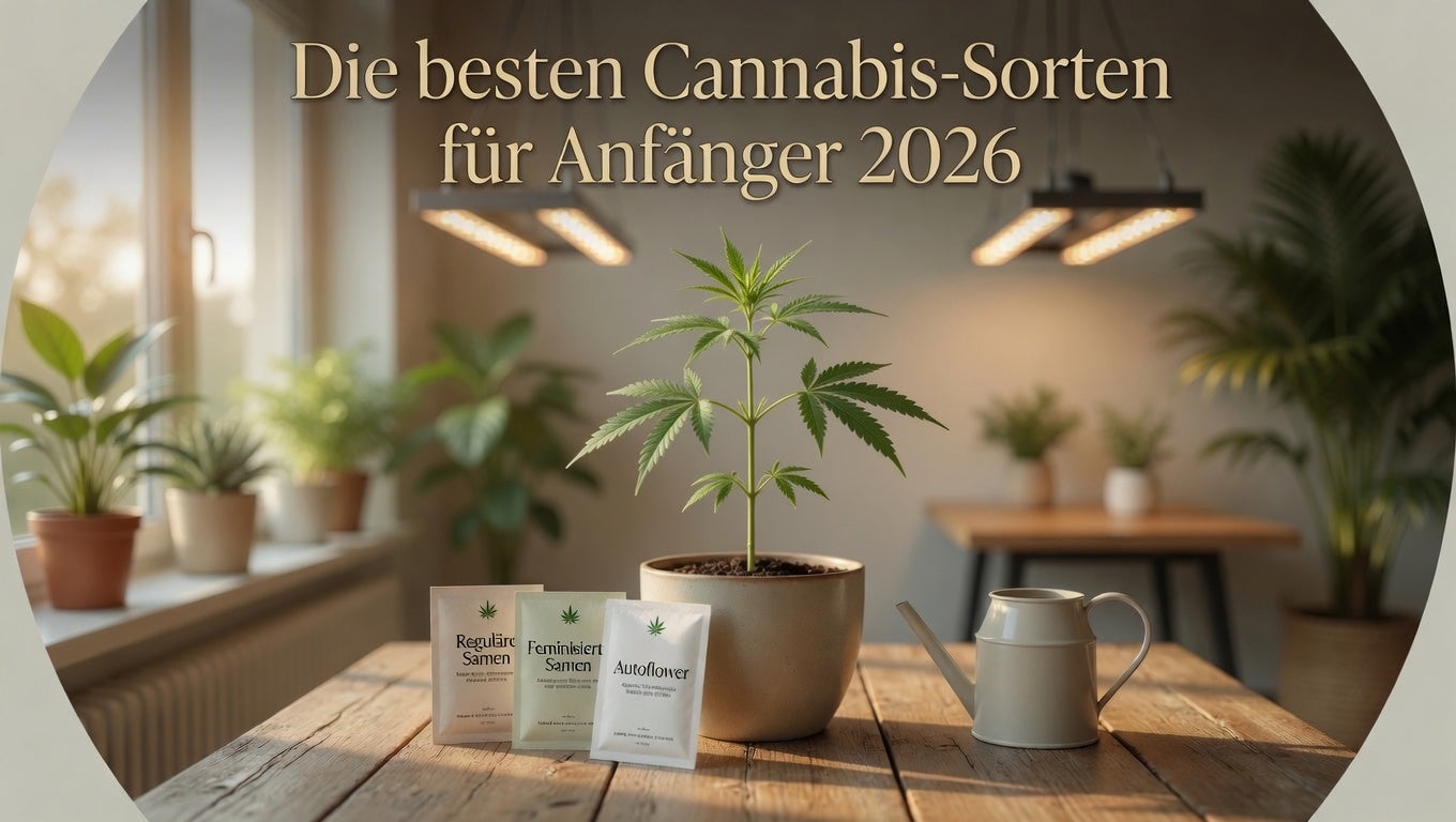 Vitale, anfängerfreundliche Cannaphilie-Pflanze (z. B. Northern Light oder Critical Kush) mit Stecklingen, Feminisierten Samen und Autoflower-Packungen – Die besten Cannabis-Sorten für Anfänger 2026