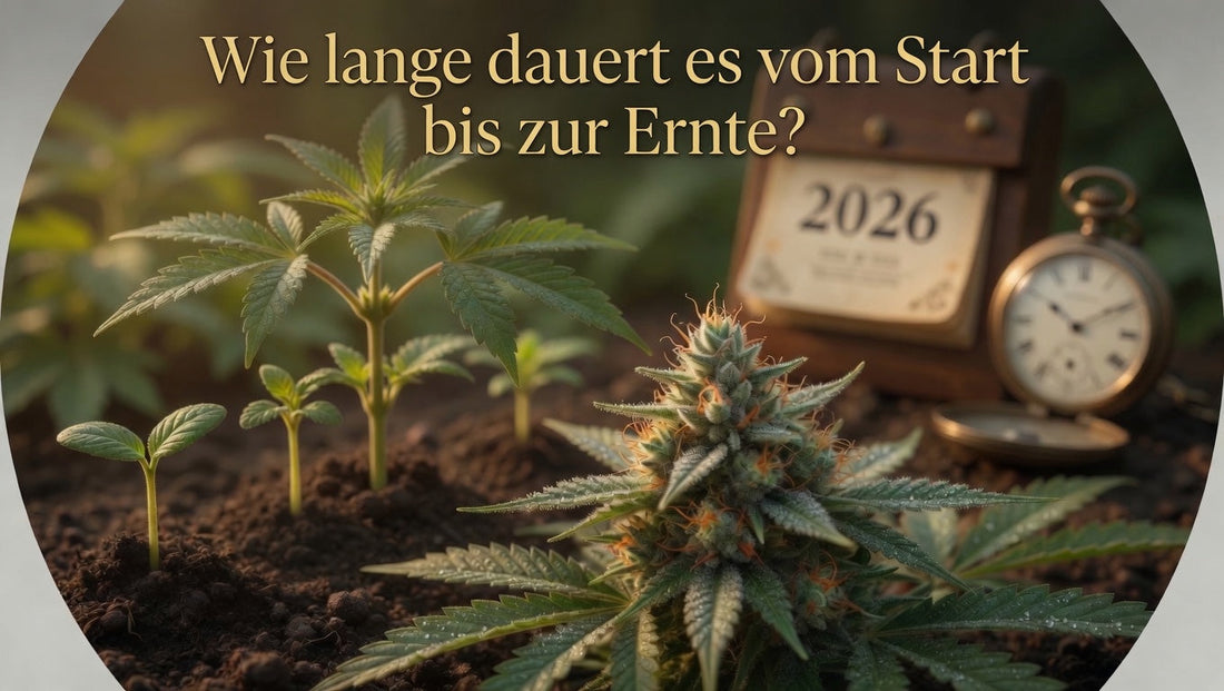 Zeitstrahl mit Cannaphilie-Pflanze in allen Wachstumsstadien – vom frischen Steckling und Samen über die Vegetationsphase bis zur erntereifen Bud. Realistischer Zeitplan: Wie lange dauert es von der Saat oder Steckling bis zur Ernte 2026