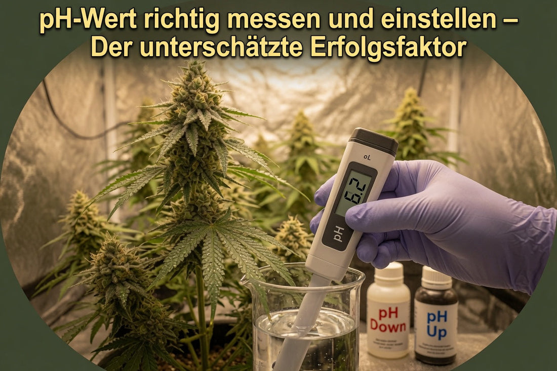 PH-Wert messen mit einem PH-Messgerät an einem Glasgefäß durch Cannaphilie