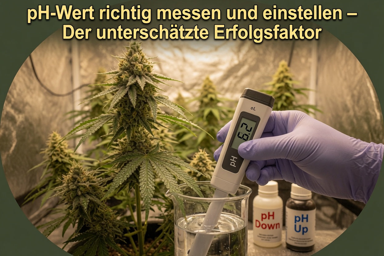 PH-Wert messen mit einem PH-Messgerät an einem Glasgefäß durch Cannaphilie