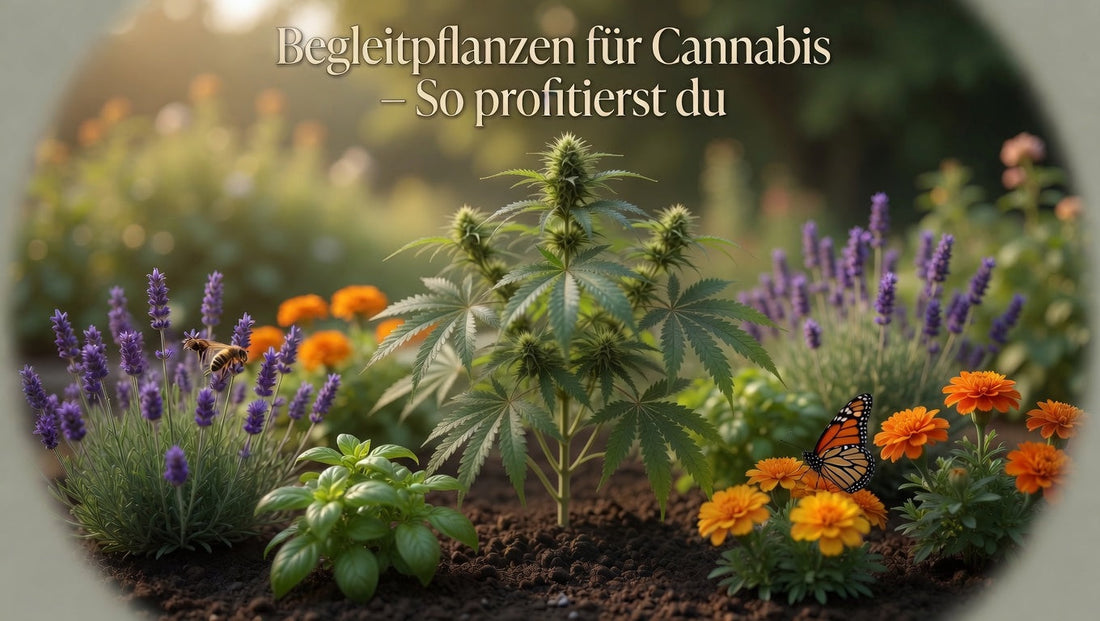 Vitale Cannaphilie-Pflanze wächst harmonisch zusammen mit blühendem Lavendel, Basilikum und Tagetes als Begleitpflanzen – Natürliche Helfer für gesünderen und aromatischeren Cannabis-Grow 2026