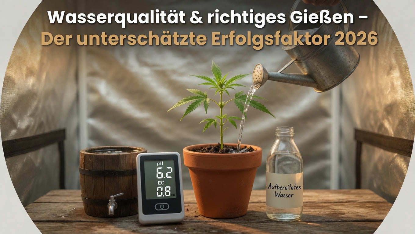 Gesunde Cannaphilie-Pflanze wird langsam und richtig gegossen – mit Regentonne, pH/EC-Messgerät und aufbereitetem Wasser. Wasserqualität & richtiges Gießen als unterschätzter Erfolgsfaktor 2026