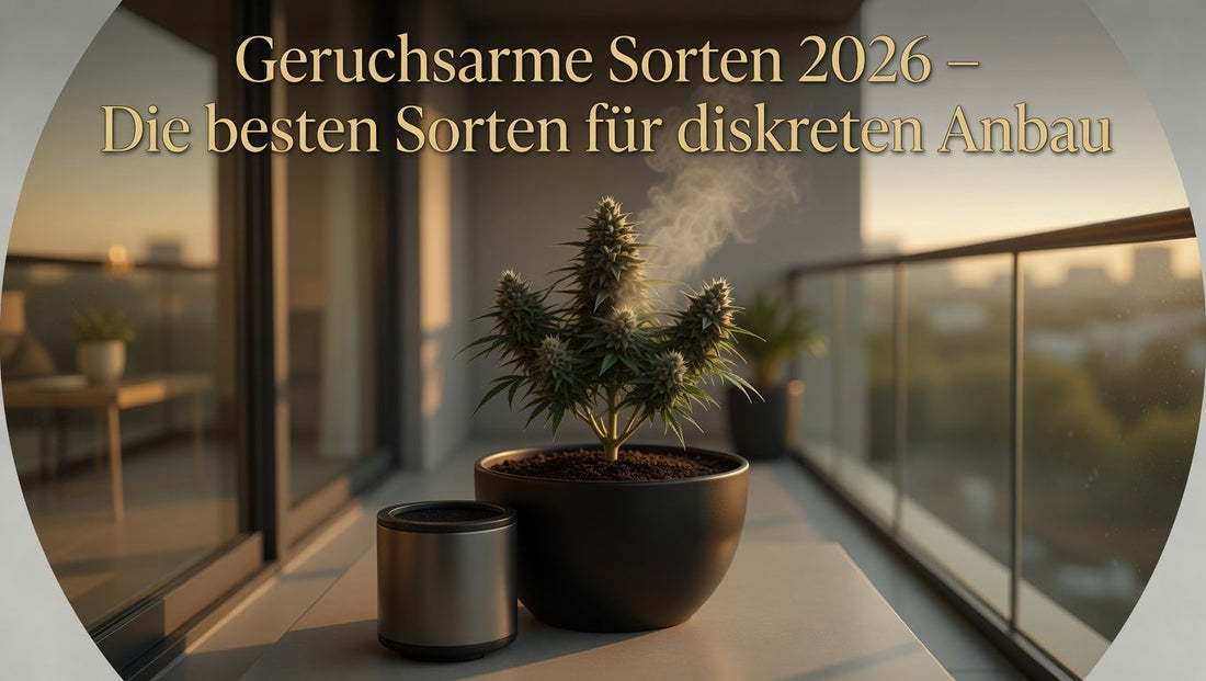 Dezente, geruchsarme Cannaphilie-Pflanze (z. B. Northern Light oder Critical Kush) in einer modernen Wohnung oder auf dem Balkon mit Aktivkohlefilter – Geruchsarme Sorten 2026 für diskreten Anbau