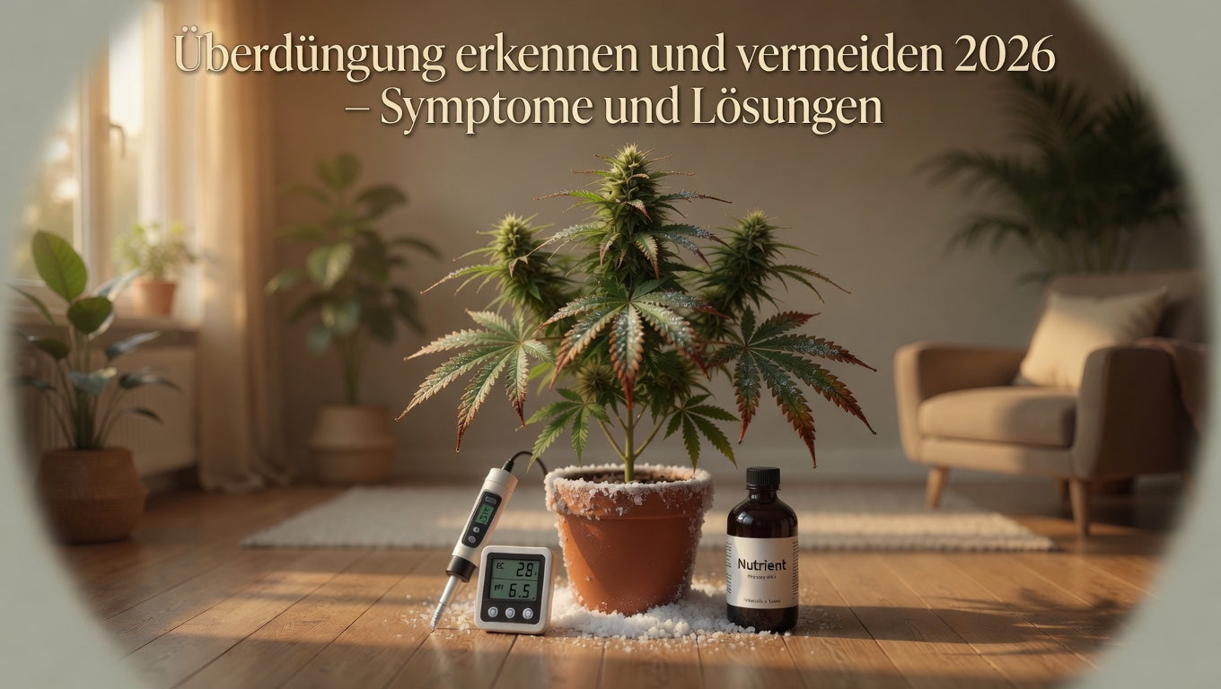 Vitale Cannaphilie-Pflanze mit klassischen Überdüngungs-Symptomen: braune verbrannte Blattspitzen (Nutrient Burn), eingerollte Blätter, Salzkruste am Topfrand und hohem EC-Wert am Messgerät – Überdüngung erkennen und vermeiden 2026