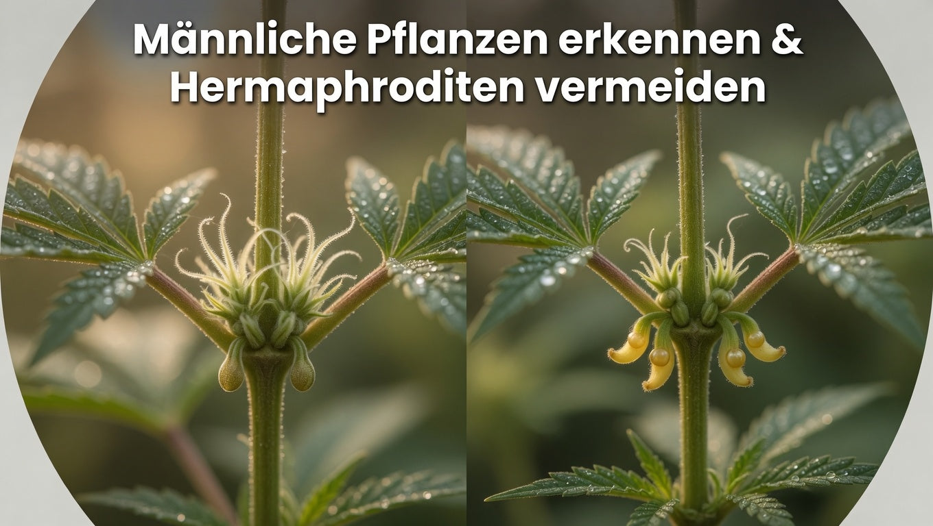 Direkter Vergleich: Weibliche Cannaphilie-Pflanze mit weißen Pistillen neben männlicher Pflanze mit gelblichen Pollen-Säckchen (Bananen) – Männliche Pflanzen früh erkennen & Hermaphroditen vermeiden