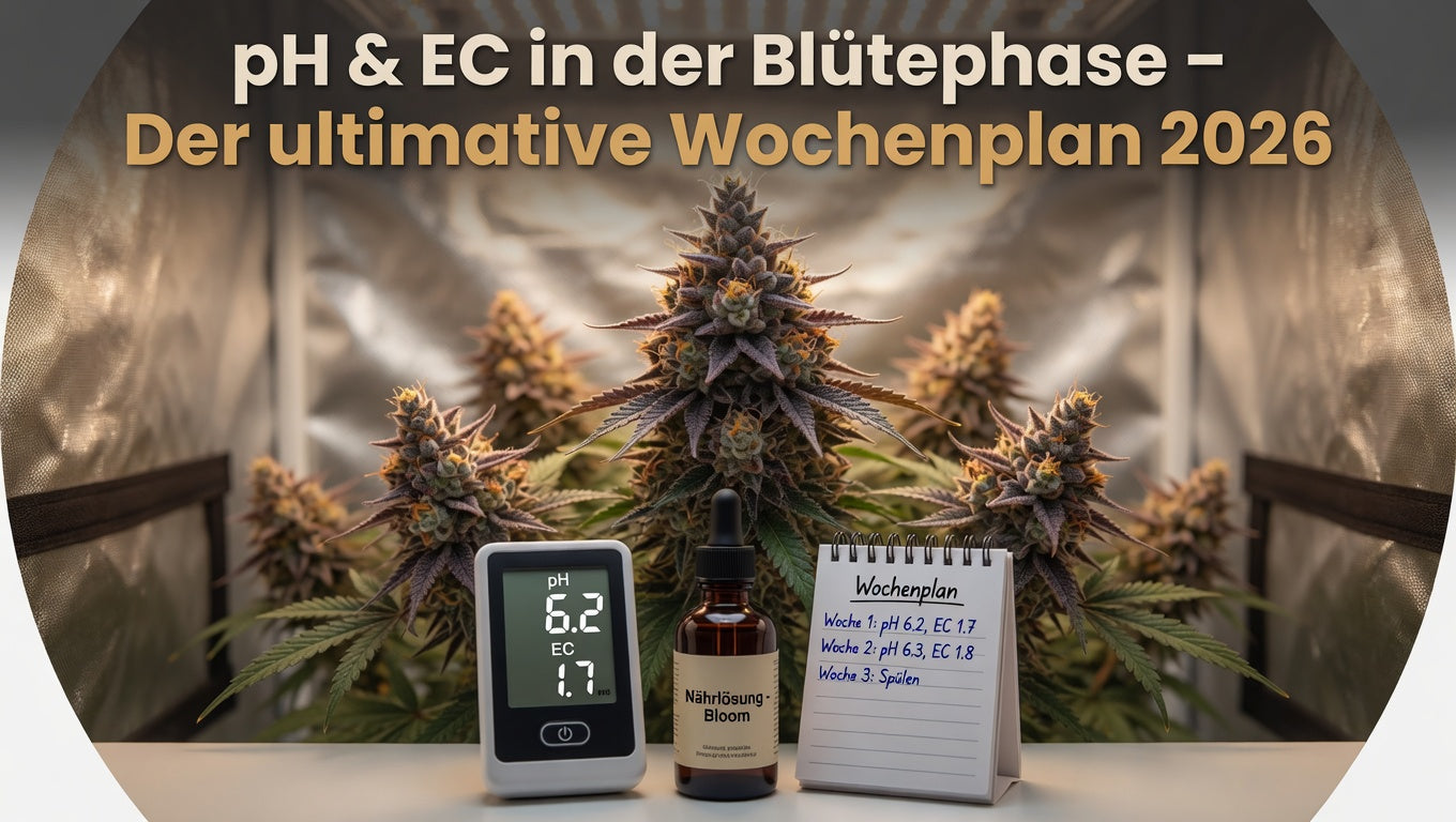 Blühende Cannaphilie-Pflanze in der Blütephase mit digitalem pH- und EC-Messgerät, Nährlösung und Wochenplan – Der ultimative pH & EC Wochenplan 2026